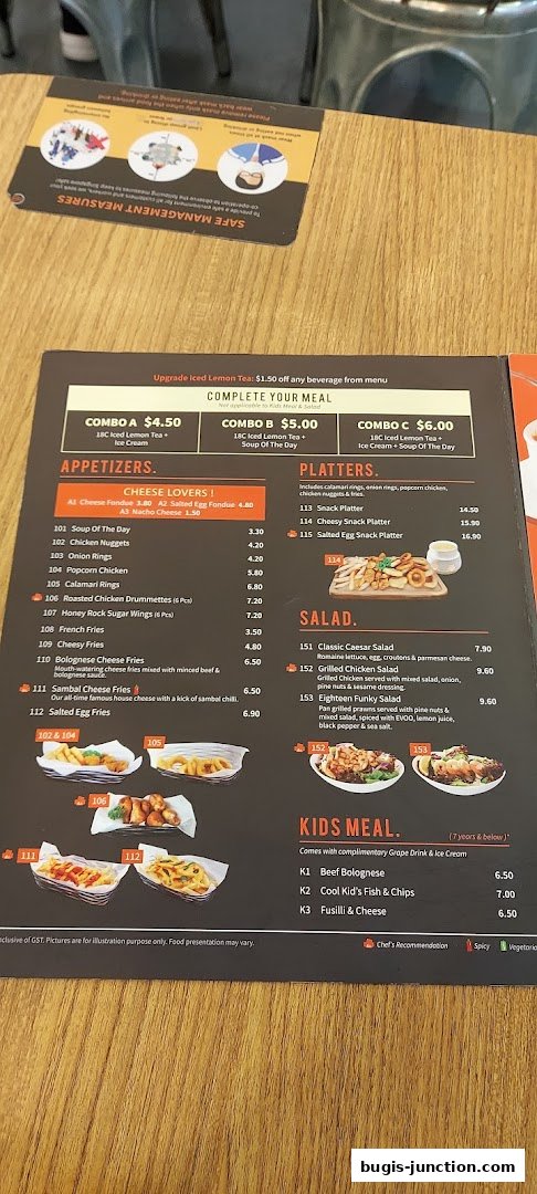 A menu from Eighteen Chefs Bugis Junction featuring appetizers, platters, salads, and kids' meals.