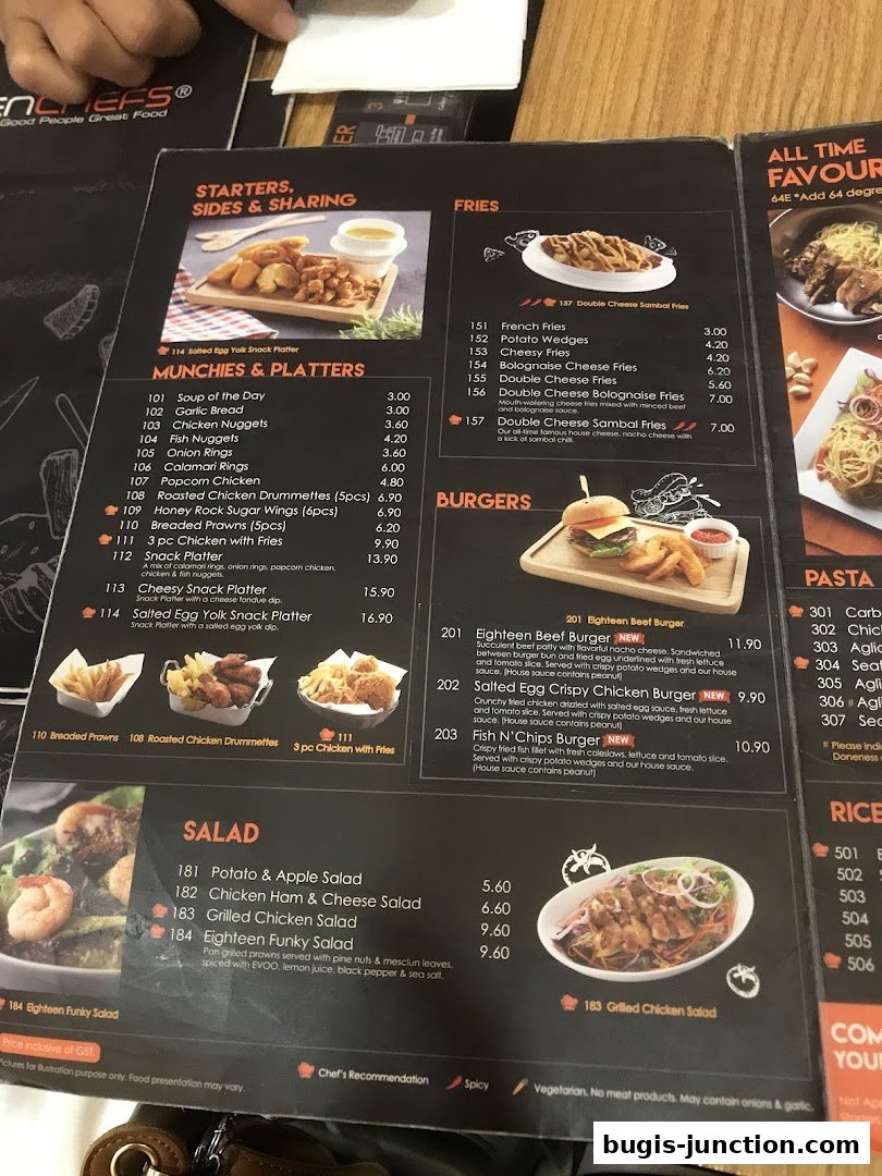 A menu from Eighteen Chefs Bugis Junction featuring starters, fries, burgers, salads, and pasta dishes.