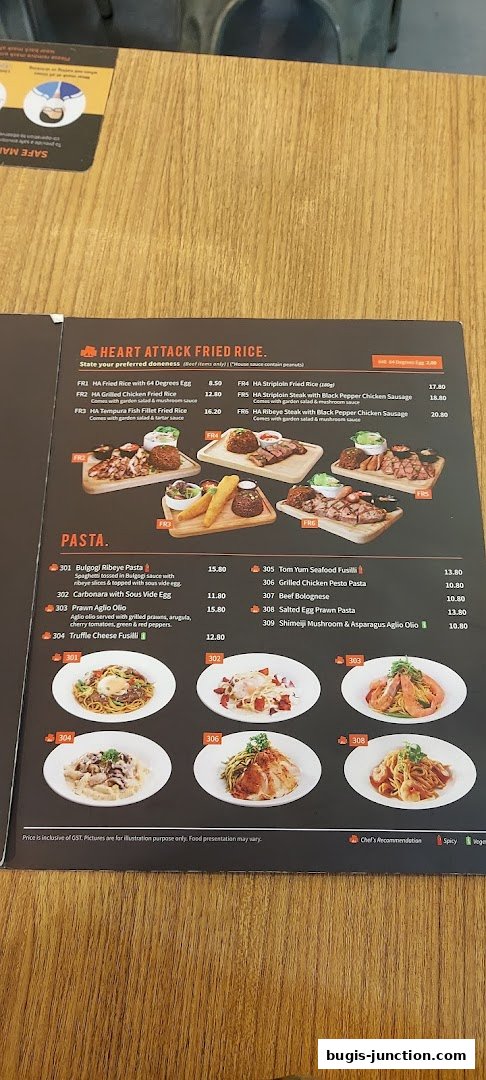 A menu from Eighteen Chefs Bugis Junction featuring Heart Attack Fried Rice and various pasta dishes.