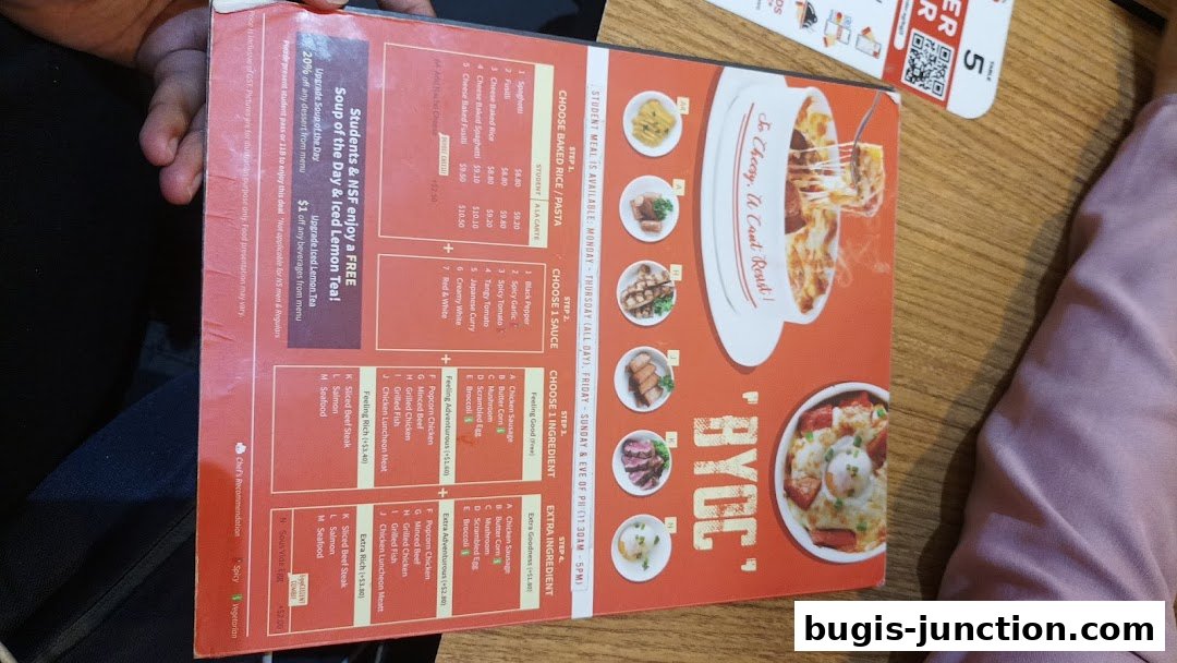 A menu from Eighteen Chefs Bugis Junction with various pasta, rice, sauce, and ingredient options.