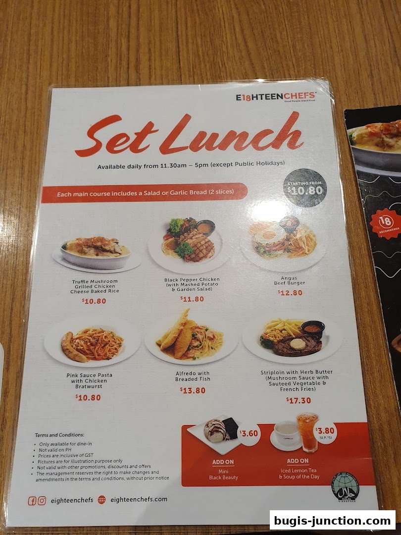 A menu for Eighteen Chefs featuring set lunch options with various main courses and add-ons.
