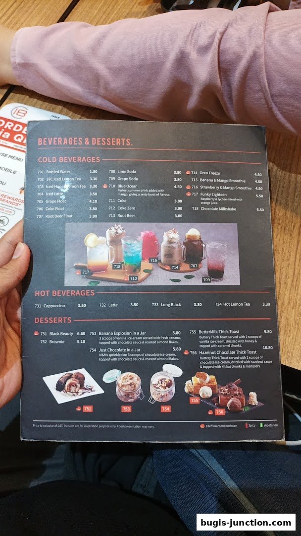A menu from Eighteen Chefs Bugis Junction featuring beverages and desserts with prices.