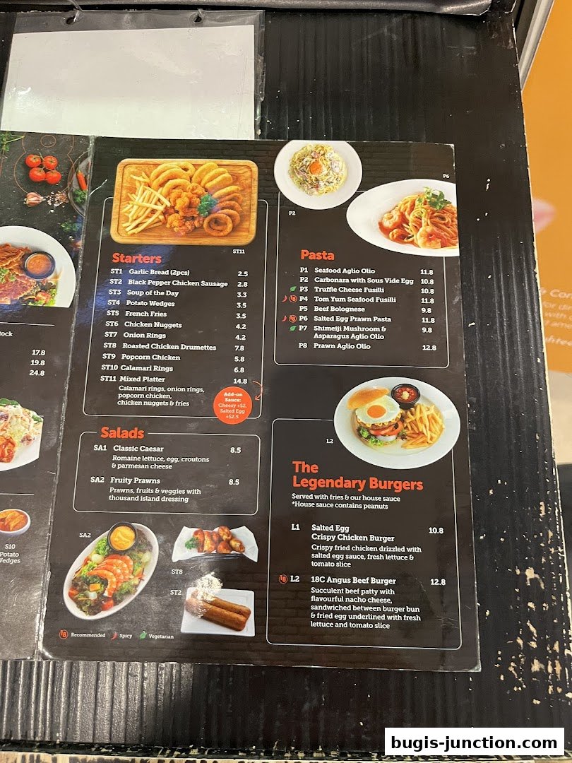 A menu from Eighteen Chefs Bugis Junction featuring starters, pasta, salads, and burgers.