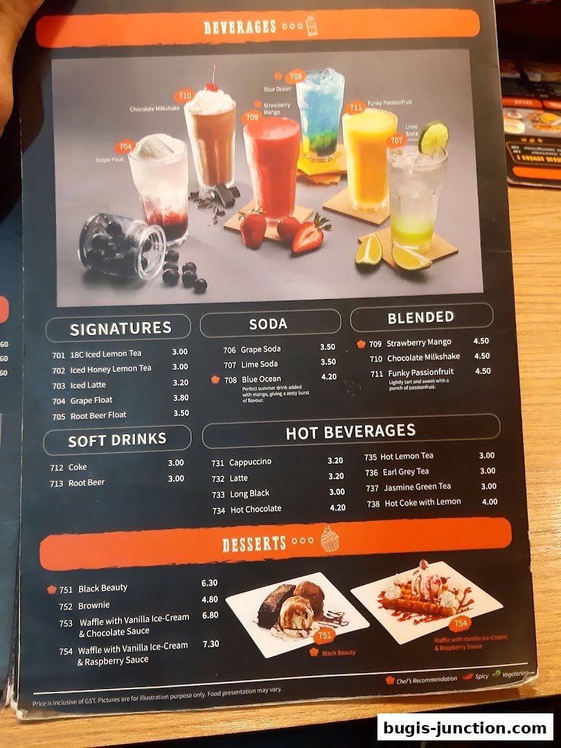 A menu from Eighteen Chefs Bugis Junction featuring beverages and desserts with enticing images.