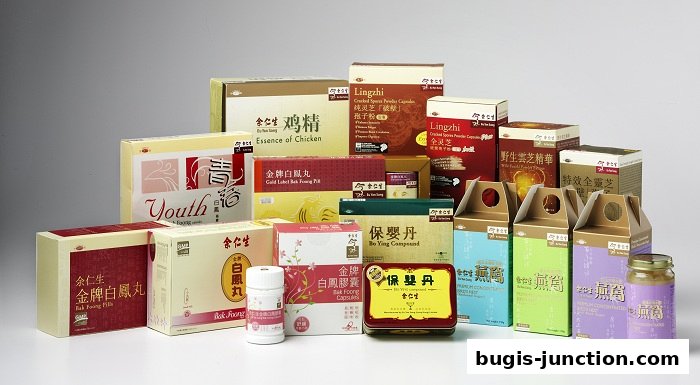 A collection of Eu Yan Sang health products, including essence of chicken, lingzhi, and various traditional Chinese medicine formulations.