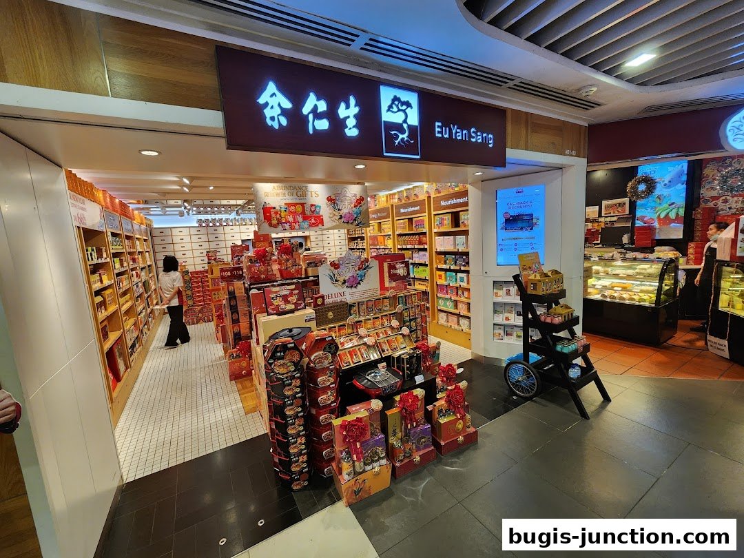 Interior view of Eu Yan Sang shop showcasing shelves stocked with products and gift sets.