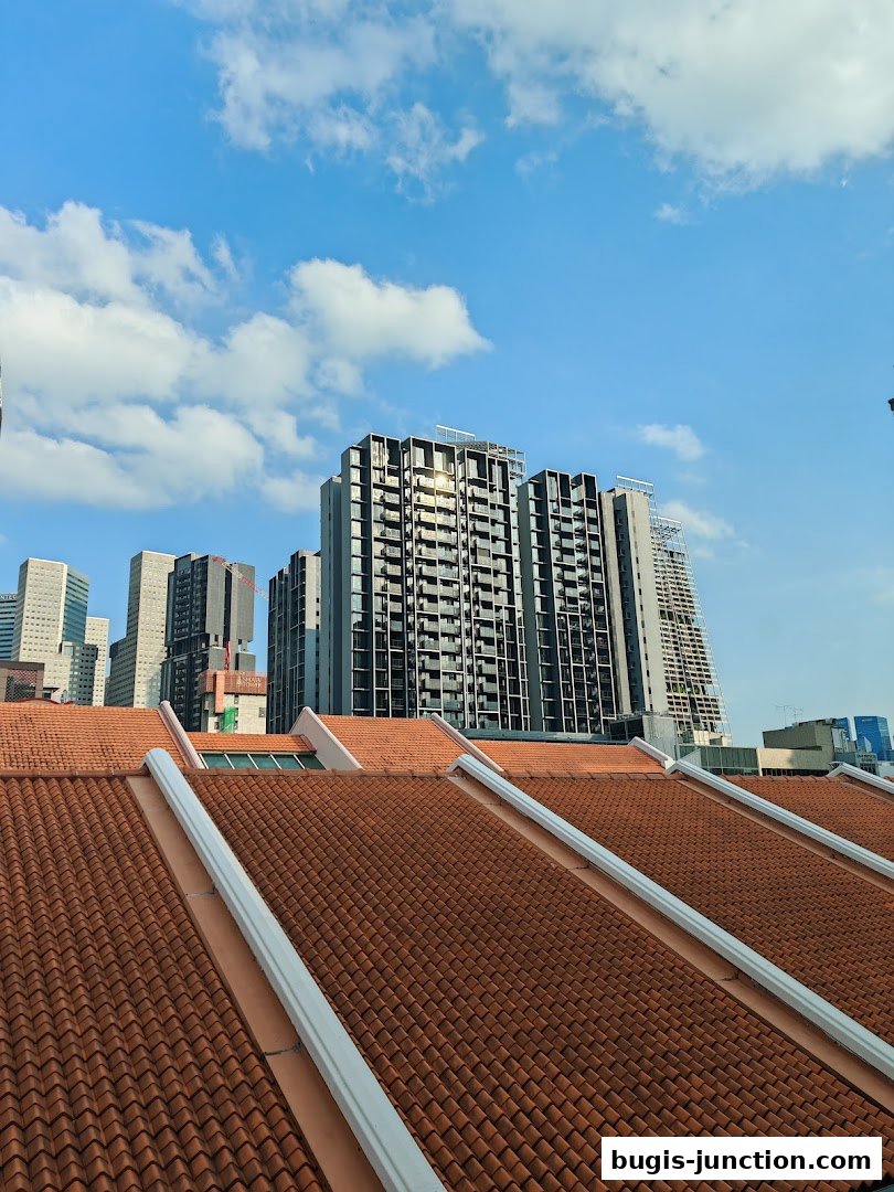 A view of modern buildings against a blue sky with clouds, seen over terracotta tiled roofs.