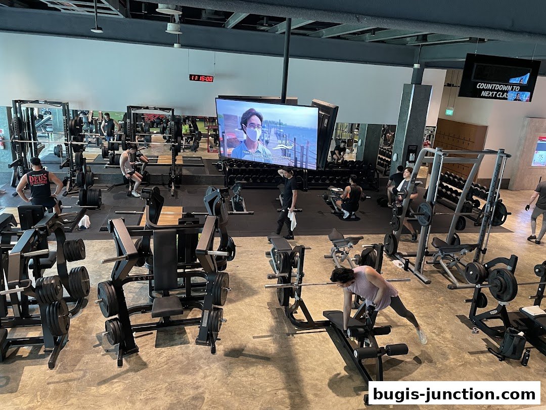 People working out with various gym equipment in a modern fitness center.