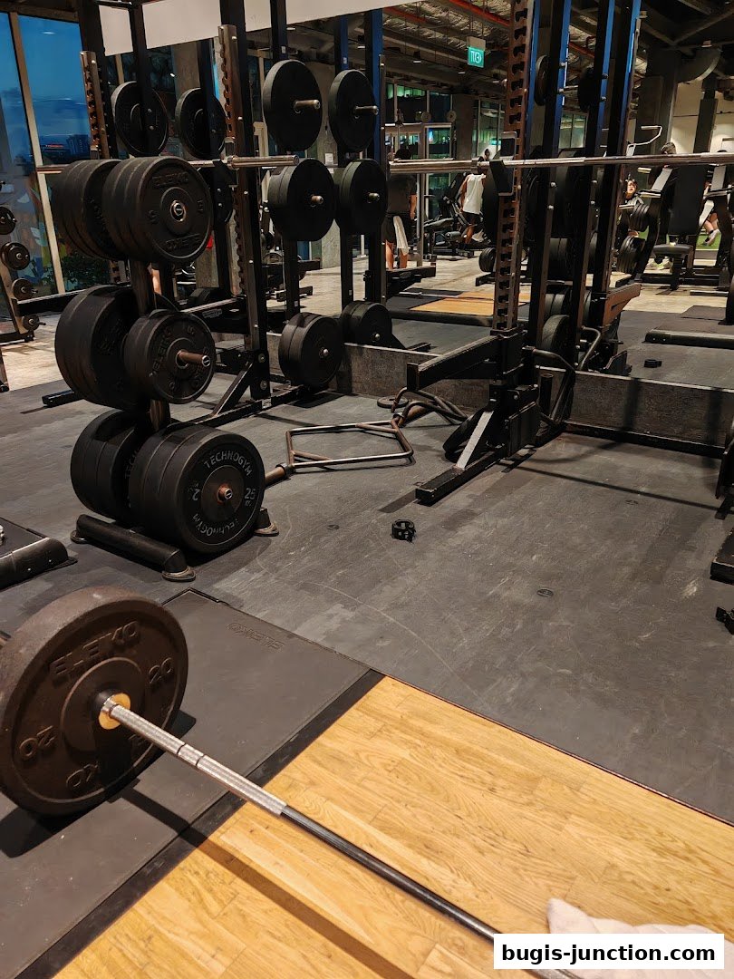 Interior view of a gym with weightlifting equipment, including squat racks and barbells.