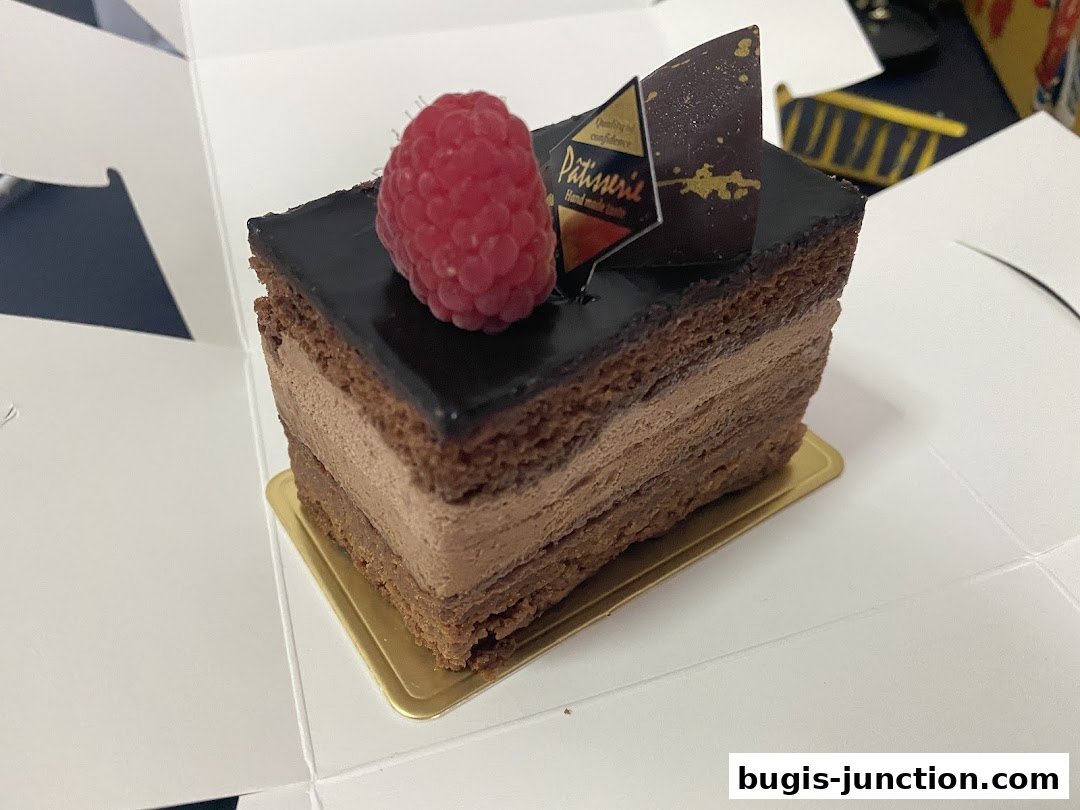 A slice of rich chocolate cake topped with a fresh raspberry.