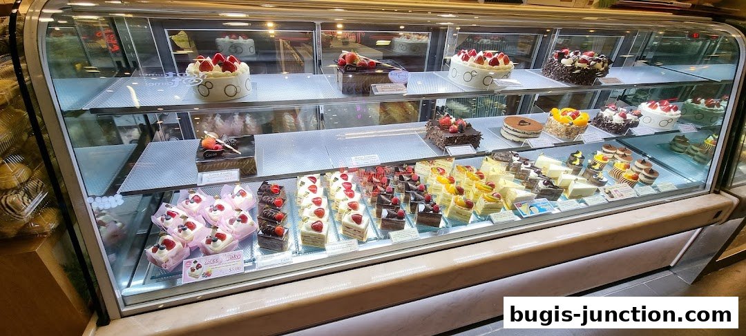 A display case filled with a variety of beautifully decorated cakes and pastries.