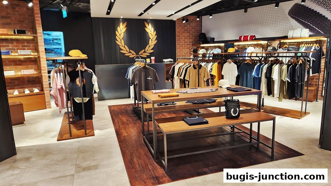 Interior view of a Fred Perry store showcasing apparel and accessories on display racks and tables.