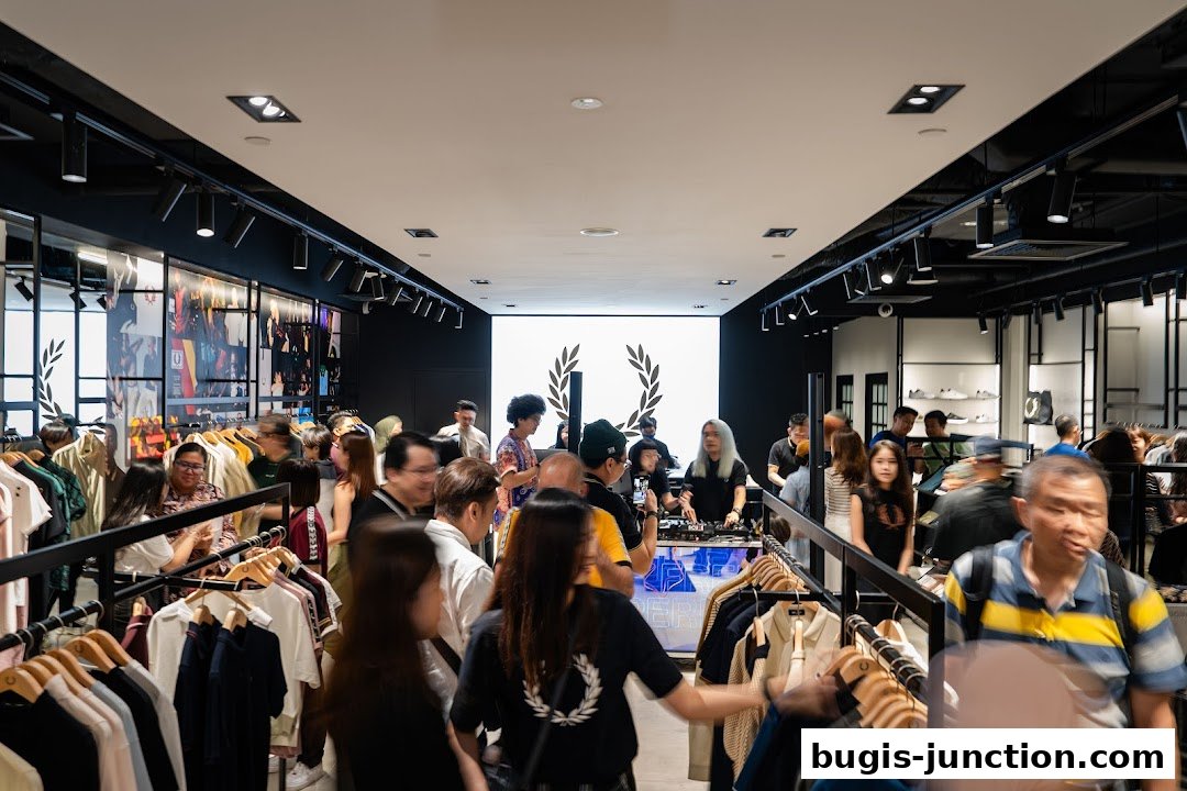 A busy Fred Perry store with customers browsing clothes and a DJ playing music.