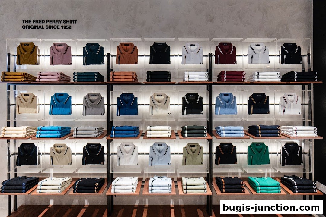 A display wall showcasing a variety of Fred Perry polo shirts in different colors and styles.
