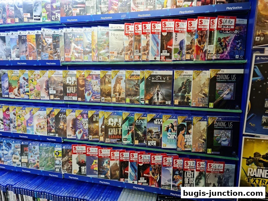 Shelves filled with PlayStation video games, many with sale tags.