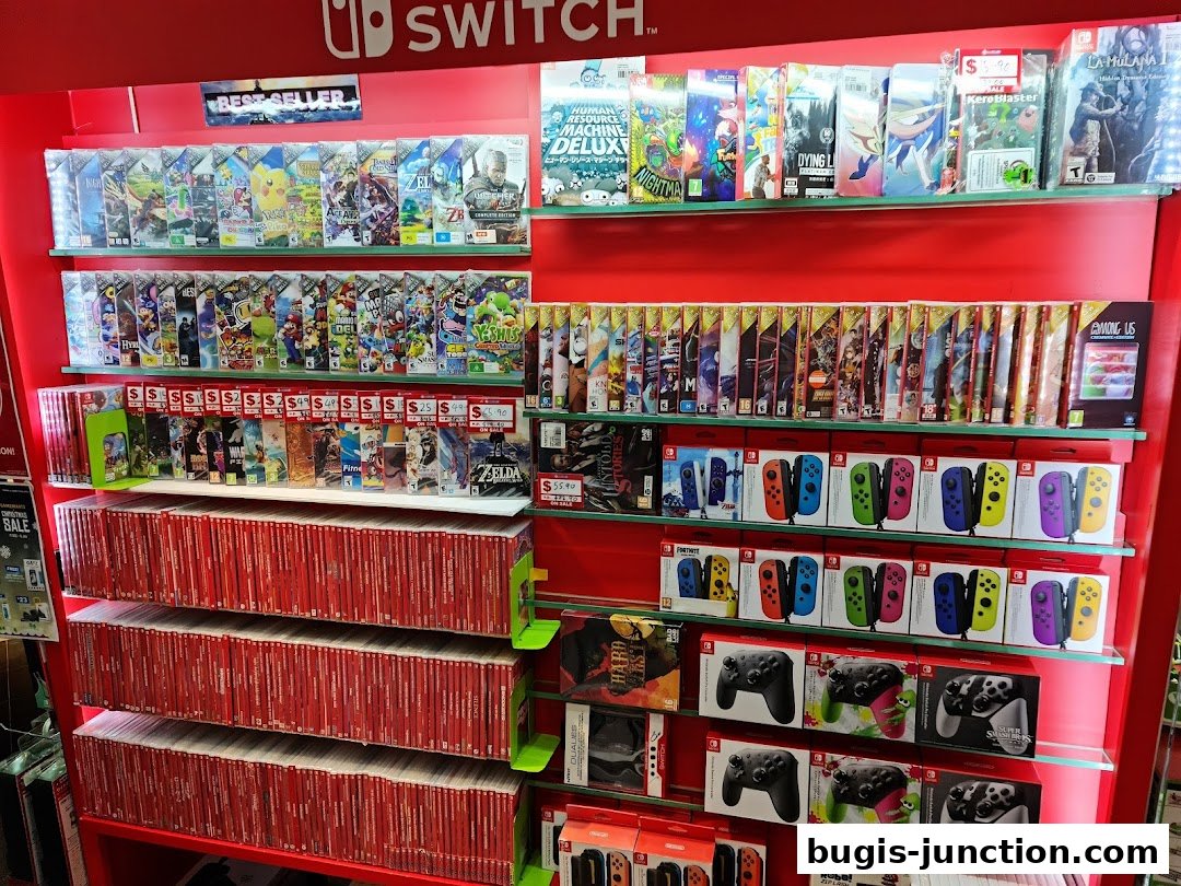 A display of Nintendo Switch games and accessories, including controllers and game cases.