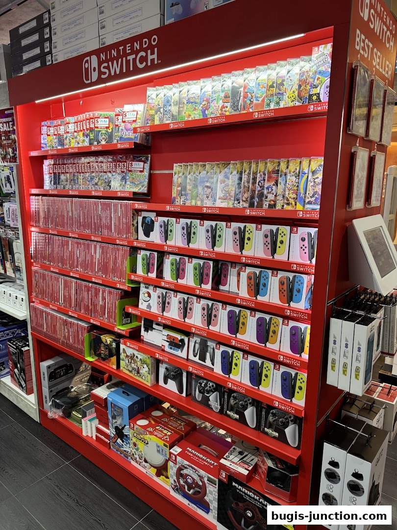 A display shelf filled with Nintendo Switch games and accessories, including controllers and consoles.