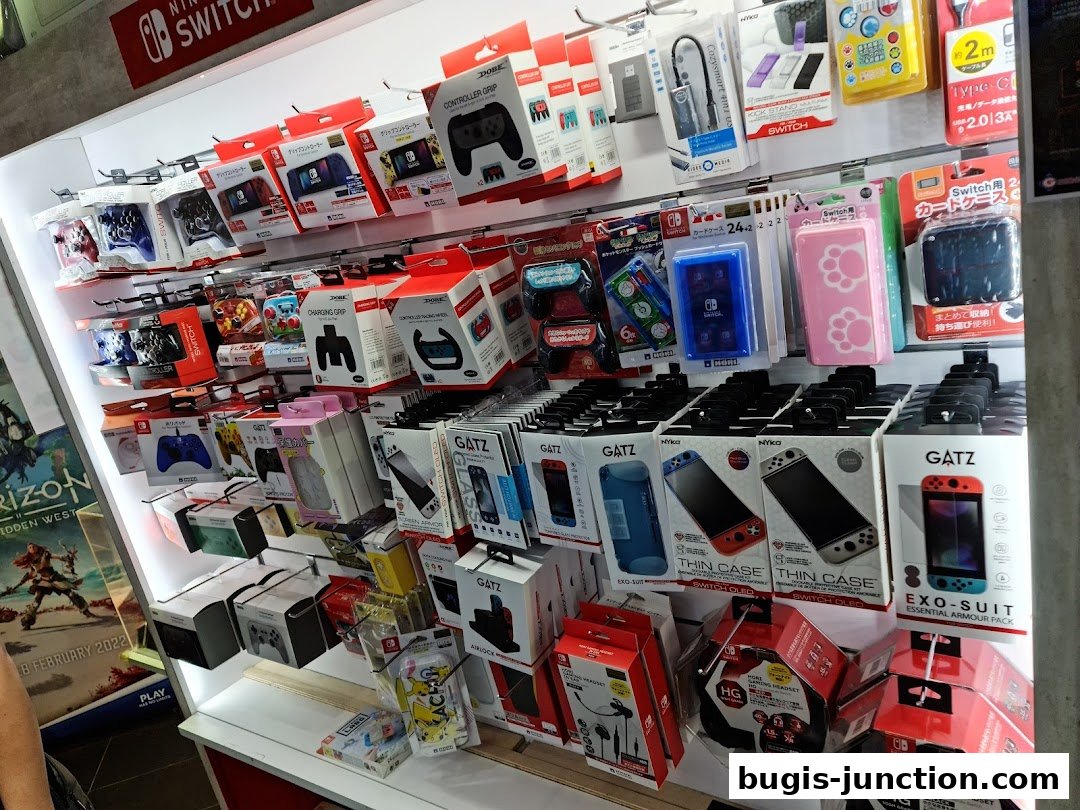 A wall display showcasing various Nintendo Switch accessories and gaming gear.