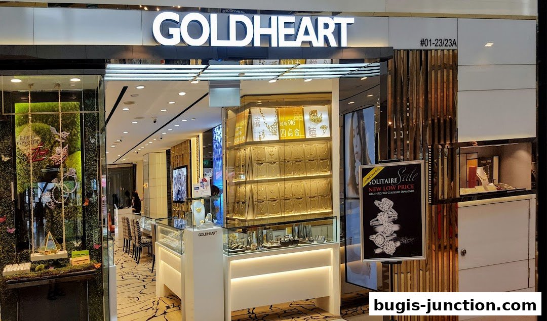 The Goldheart Jewelry store features a well-lit interior with displays of necklaces and rings, and a promotional sign for a solitaire sale.