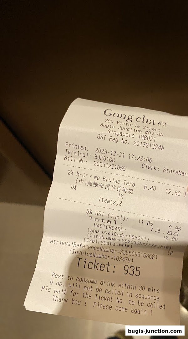 A receipt from Gong Cha Classic showing a purchase of two M-Crème Brulee Taro drinks.