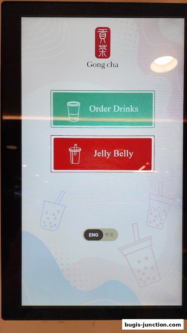 A touch screen kiosk for Gong Cha Classic with options to order drinks and Jelly Belly.