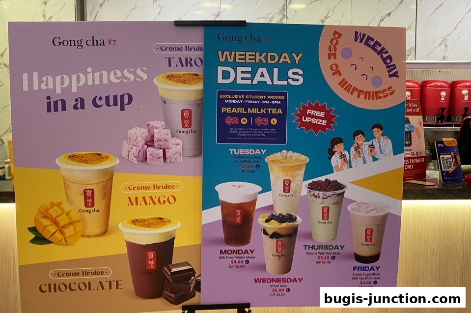 Gong Cha's menu featuring Creme Brulee drinks and weekday deals with student promotions.