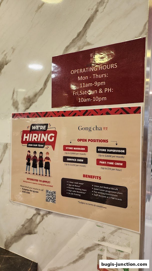 A hiring poster for Gong Cha Classic, detailing open positions and benefits.