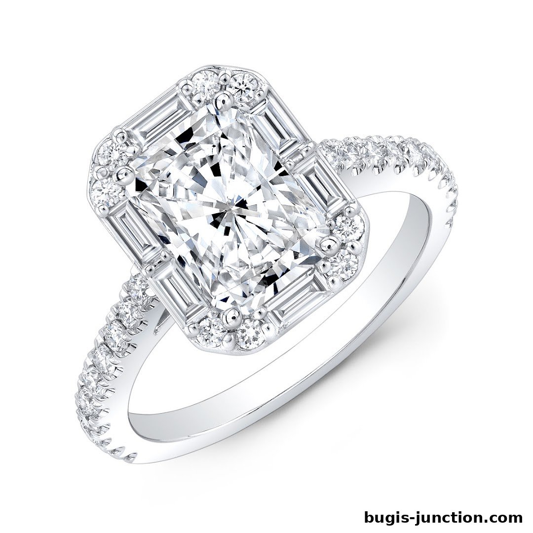 A stunning diamond engagement ring with a radiant cut center stone and baguette and round diamond accents.