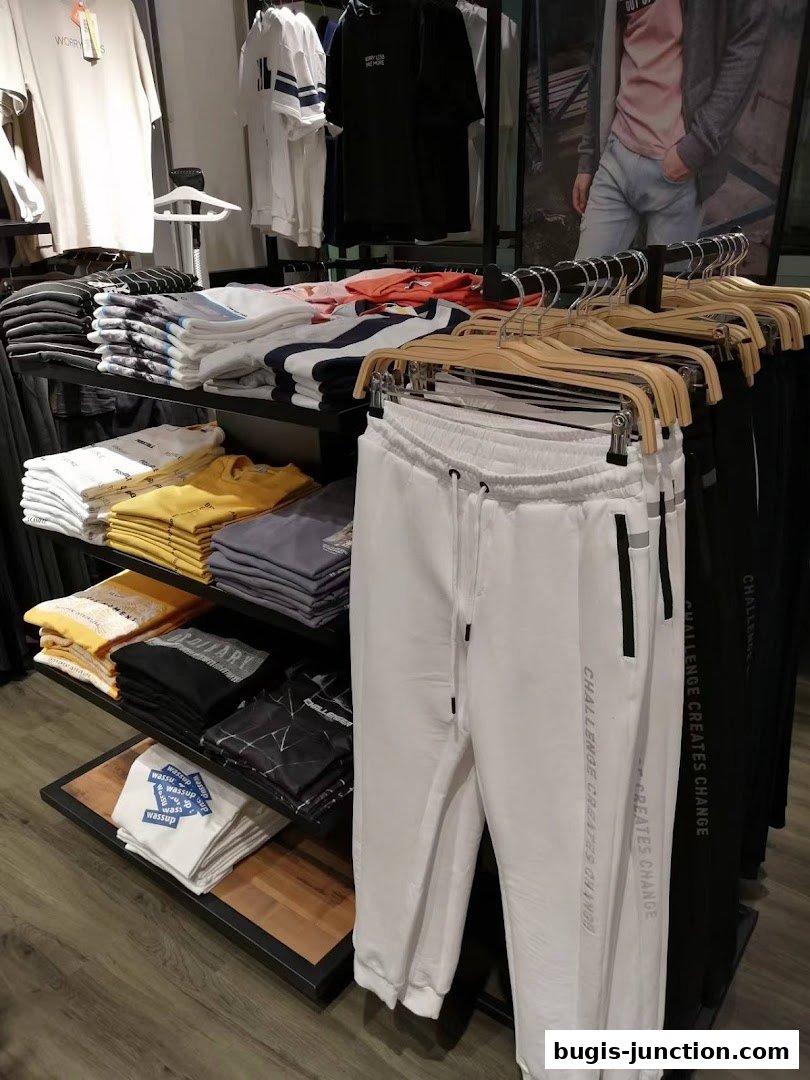 Neatly folded t-shirts and sweatpants displayed on racks inside a clothing store.