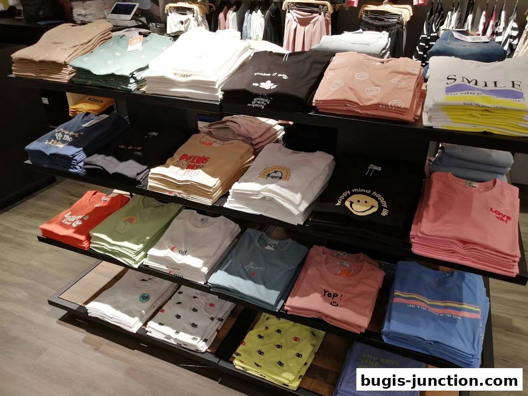 Neatly folded t-shirts with various graphic prints and slogans displayed on shelves.