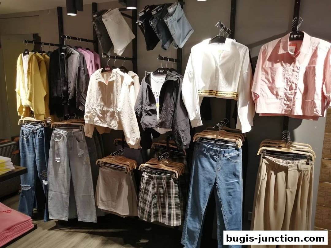 A display of trendy women's clothing including jackets, tops, jeans, and skirts.