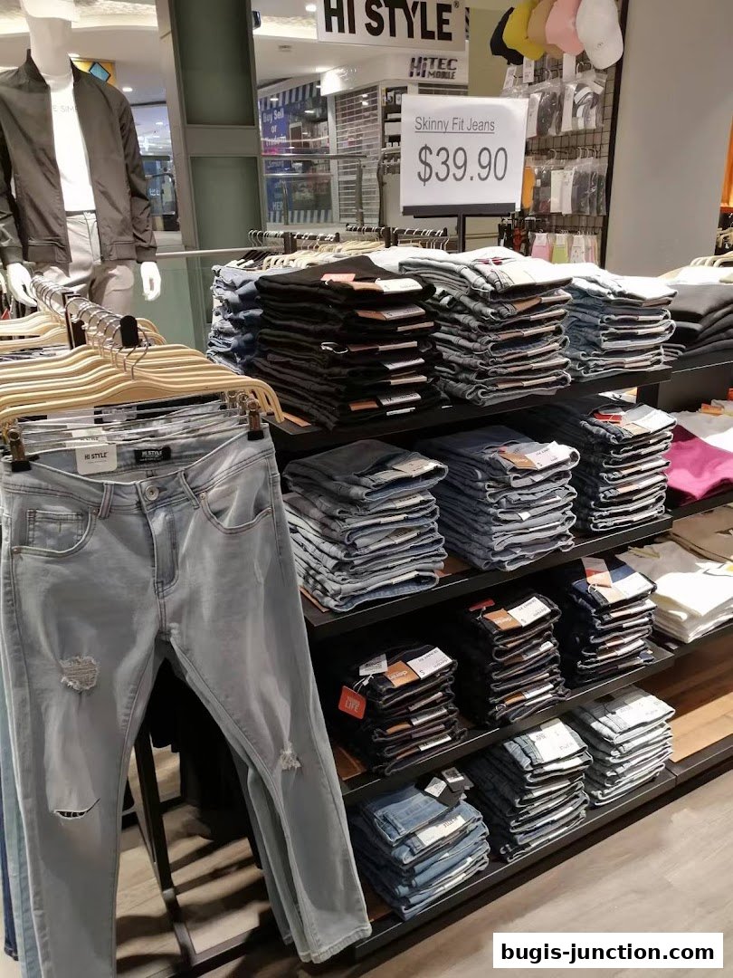 A display of various jeans and apparel at the HI STYLE shop.