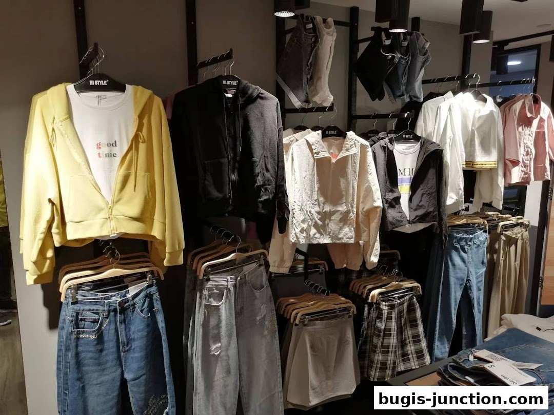 A display of trendy women's clothing including hoodies, jackets, jeans, and skirts.