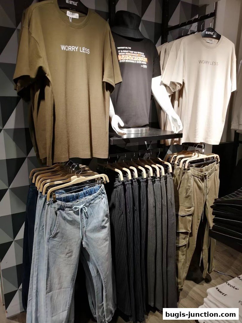 A display of casual men's clothing, featuring t-shirts and pants.