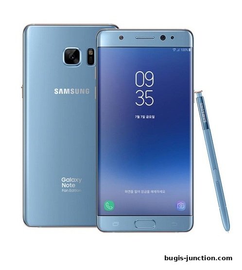 A light blue Samsung Galaxy Note Fan Edition smartphone with its stylus.