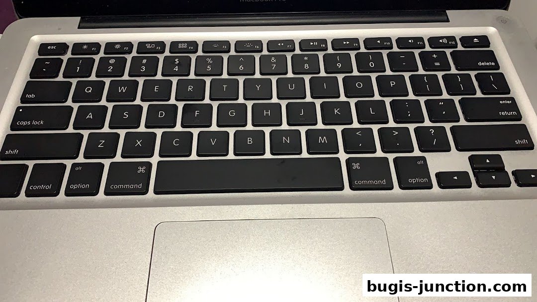 Close-up view of a silver laptop keyboard with black keys.