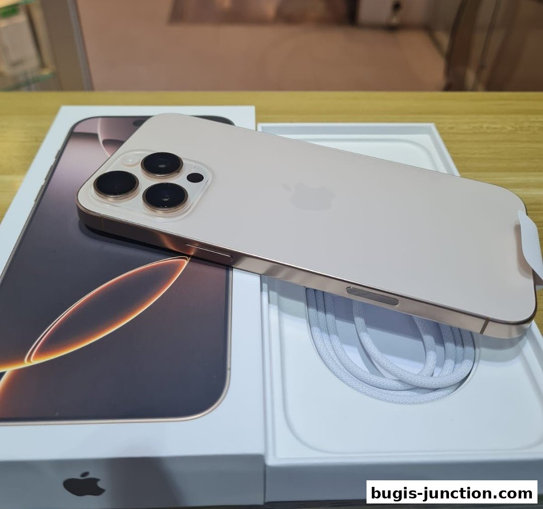 A close-up shot of a new iPhone, showcasing its sleek design and packaging.