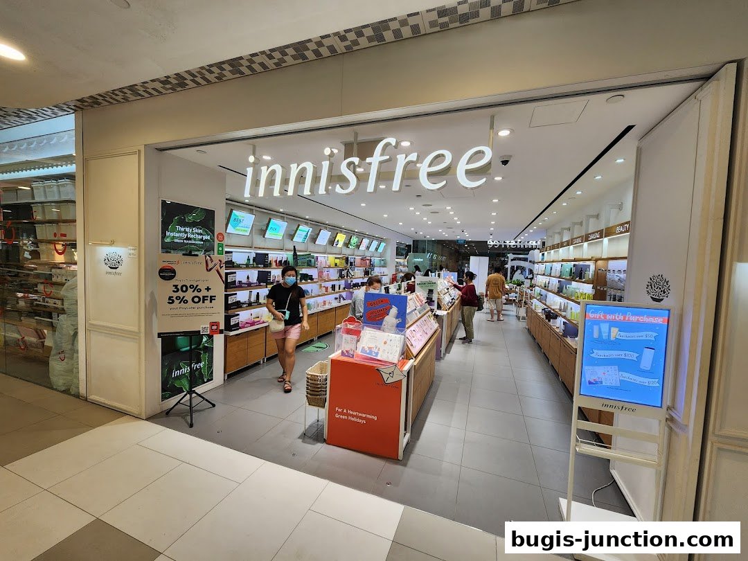 The interior of an Innisfree store showcasing various skincare products and promotions.