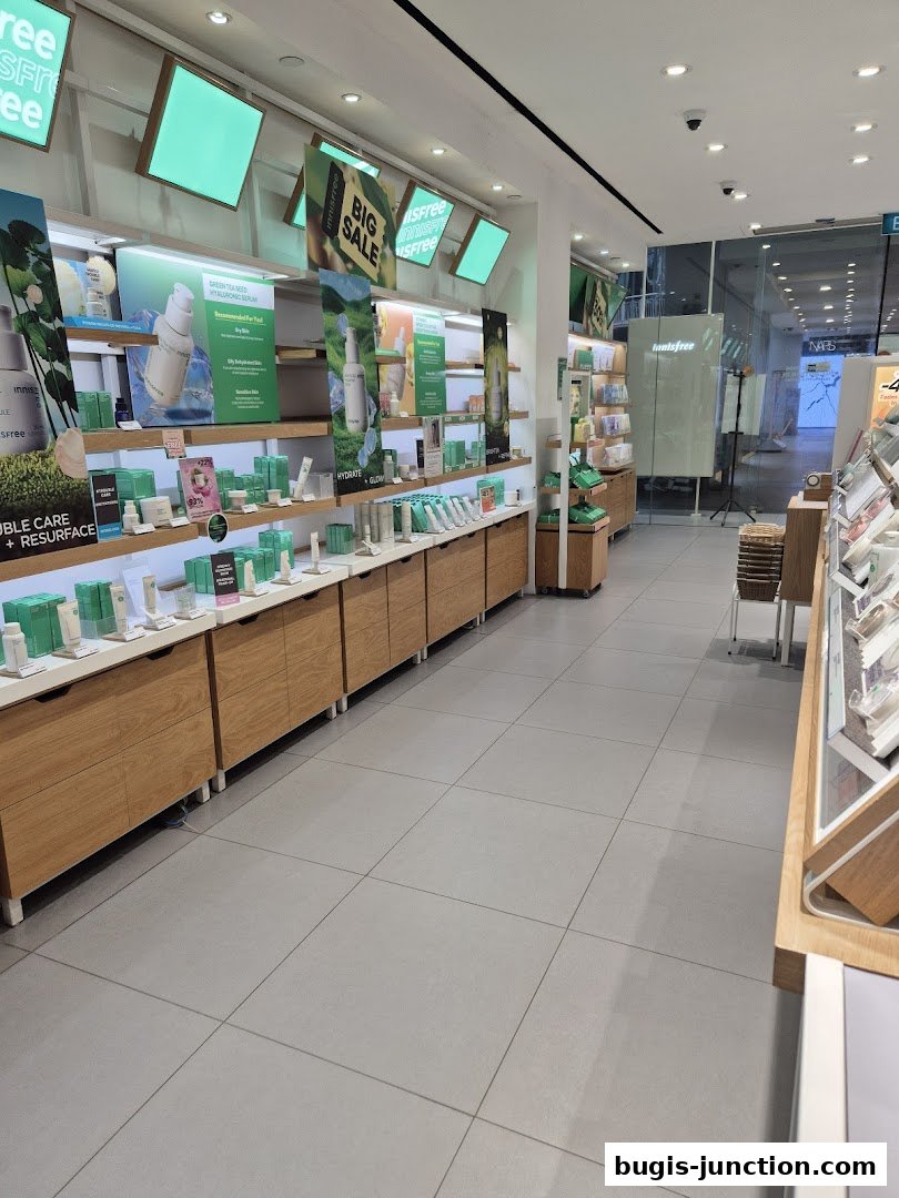 Interior view of an Innisfree store showcasing skincare products and promotional displays.