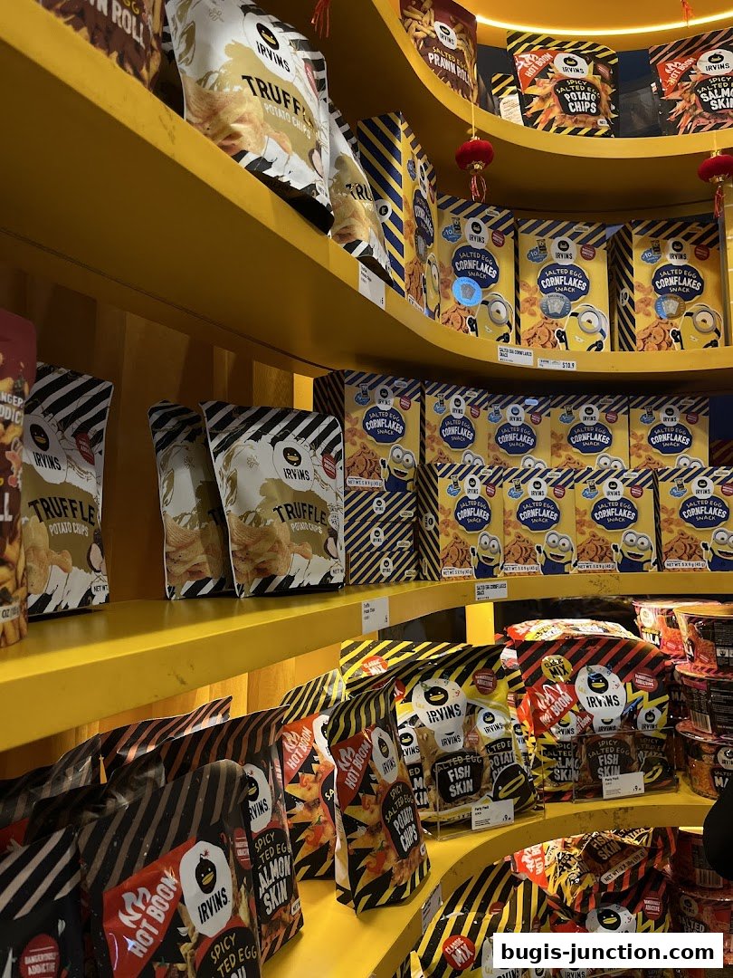 Shelves stocked with various IRVINS snacks, including potato chips and cornflakes.