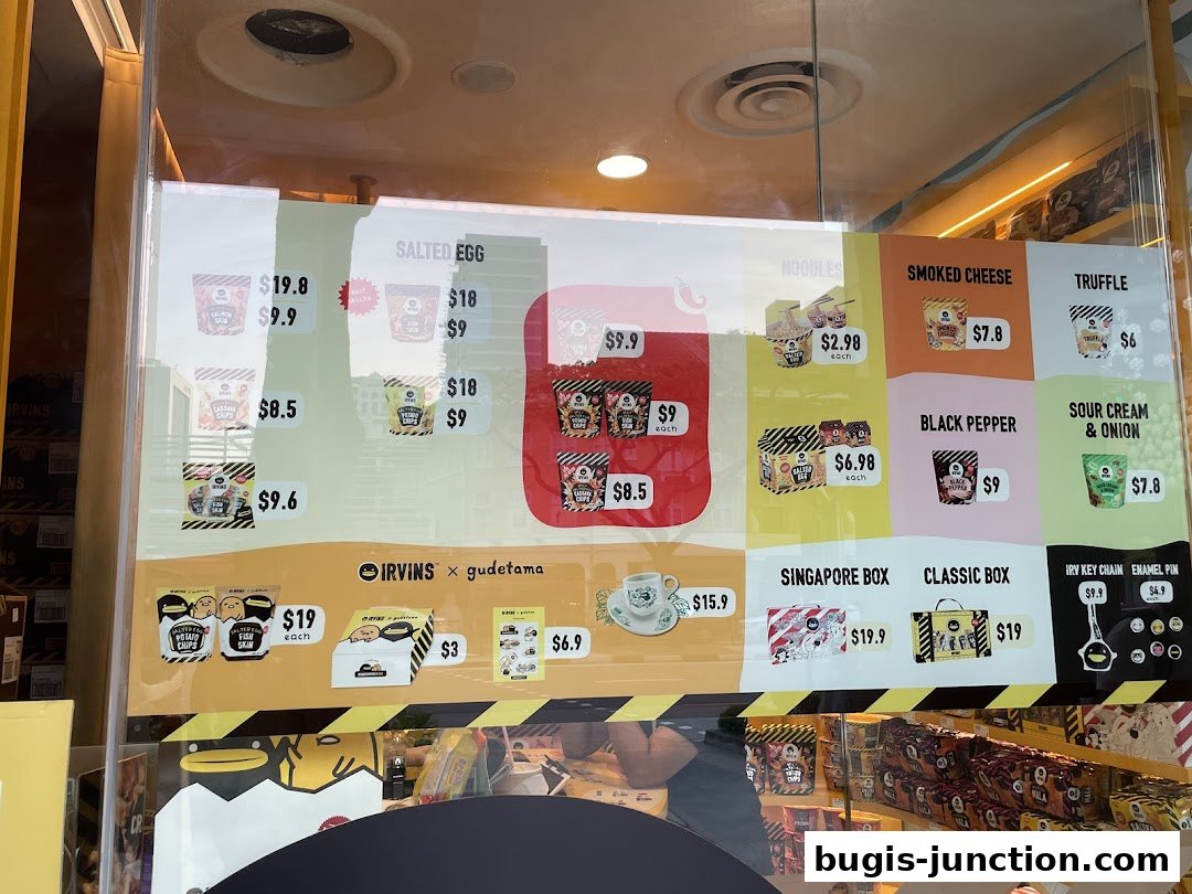 A menu board displaying various IRVINS snacks and their prices, including collaborations with Gudetama.