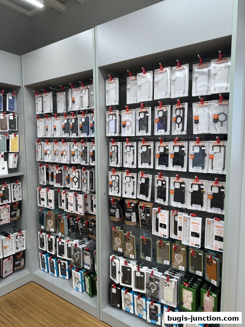 A wide selection of phone cases displayed on shelves in a retail store.