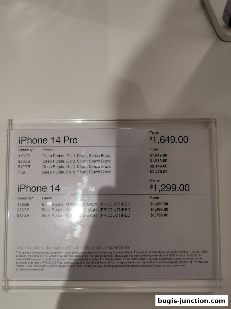 Price list for iPhone 14 Pro and iPhone 14 models with capacities and finishes.