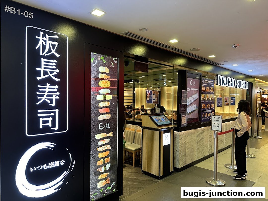 The exterior of Itacho Sushi, a Japanese restaurant, with a prominent sign and sushi display.