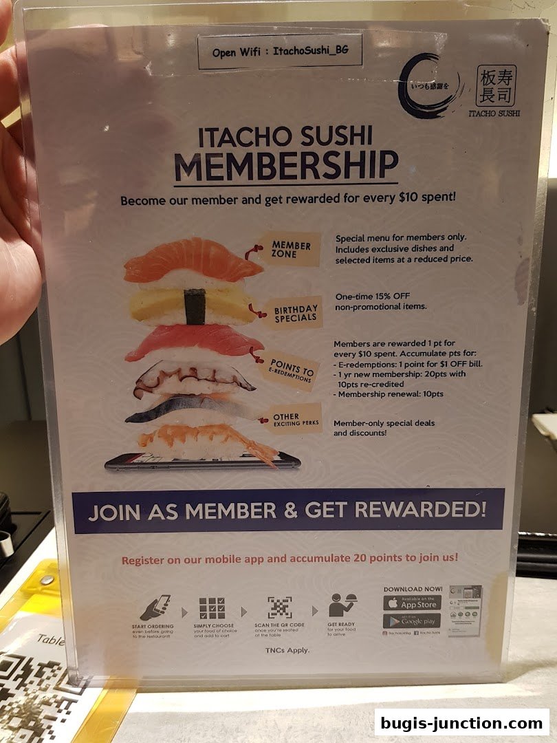 A membership promotion for Itacho Sushi, detailing rewards and benefits for members.