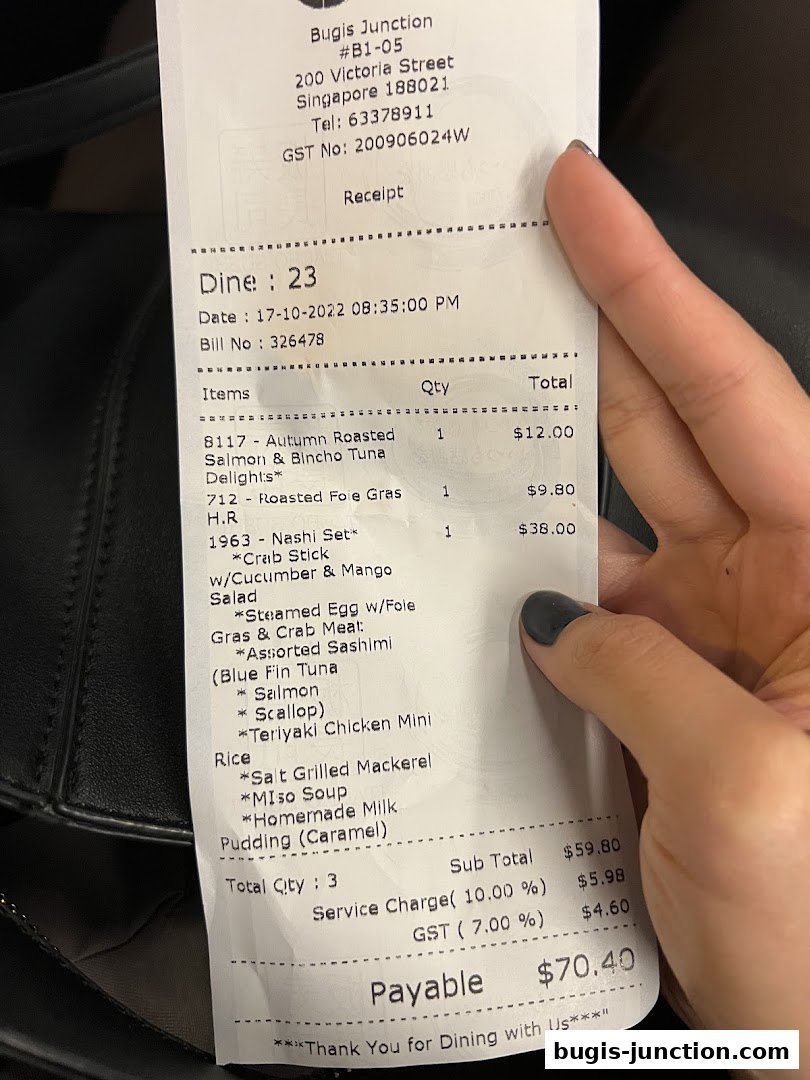 A receipt from Itacho Sushi showing a breakdown of food items and their prices.