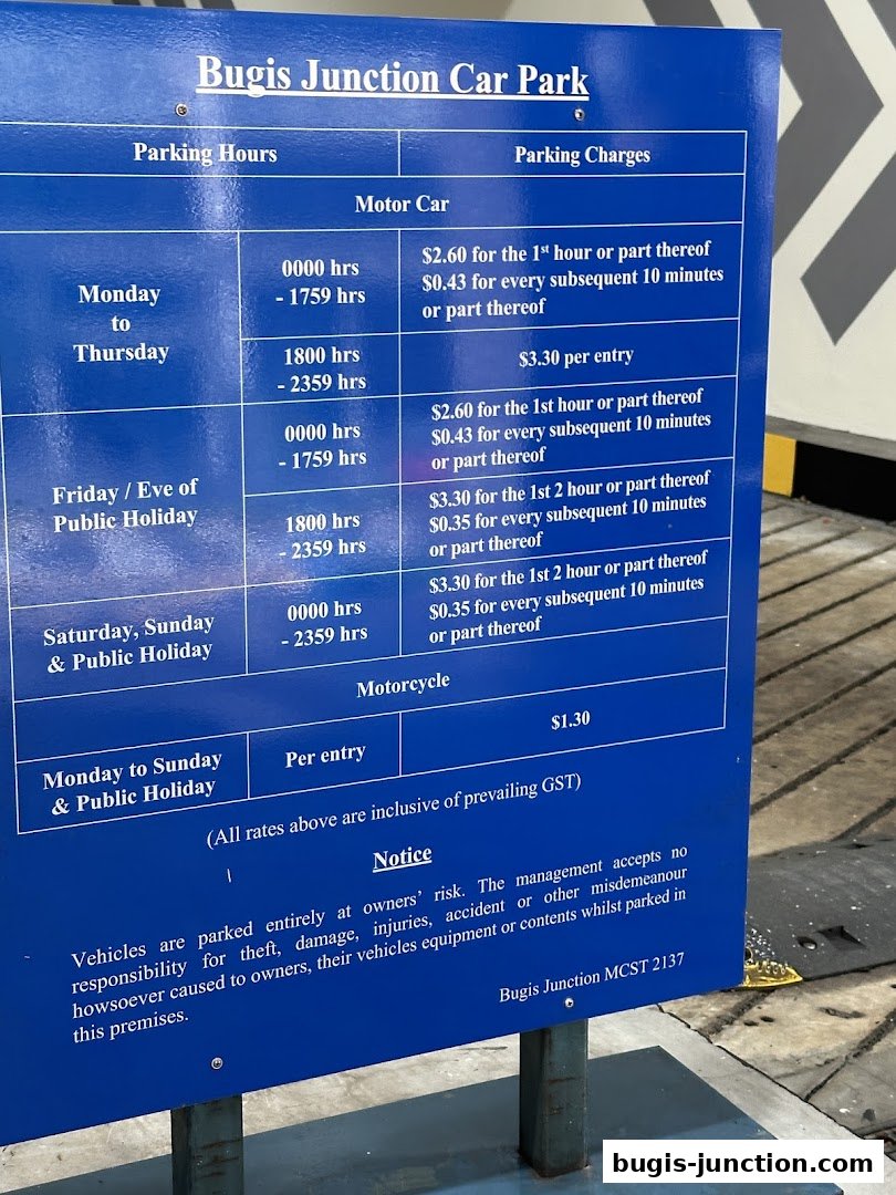 A blue sign detailing parking hours and charges for Bugis Junction Car Park.