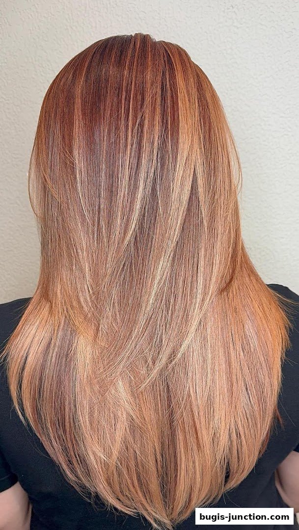 A person's back showcasing a layered haircut with warm, reddish-blonde highlights.
