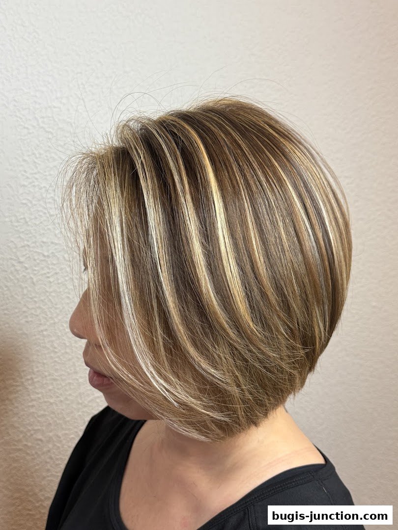 A woman with a stylish bob haircut featuring blonde highlights and a smooth finish.
