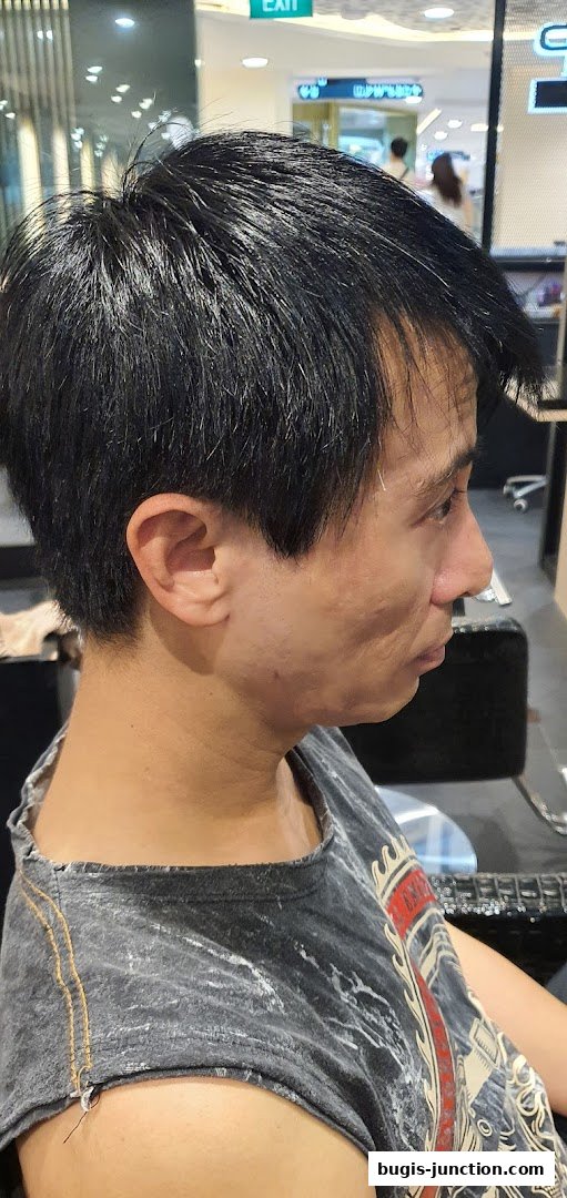 A close-up profile view of a person's head and neck, showcasing their hairstyle.